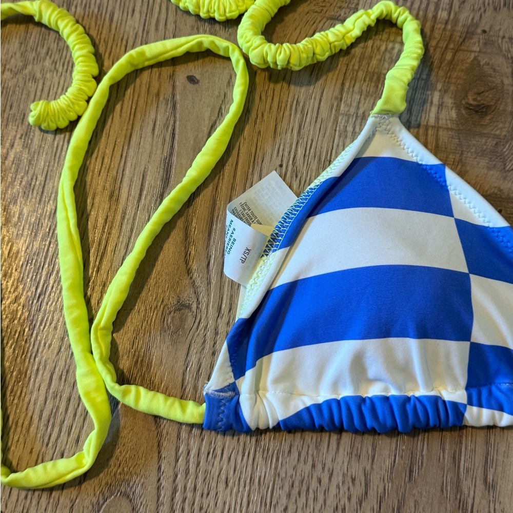 Aerie Real Good Checkered Triangle Bikini Top Blue White Neon XS NWT - Picture 6 of 7